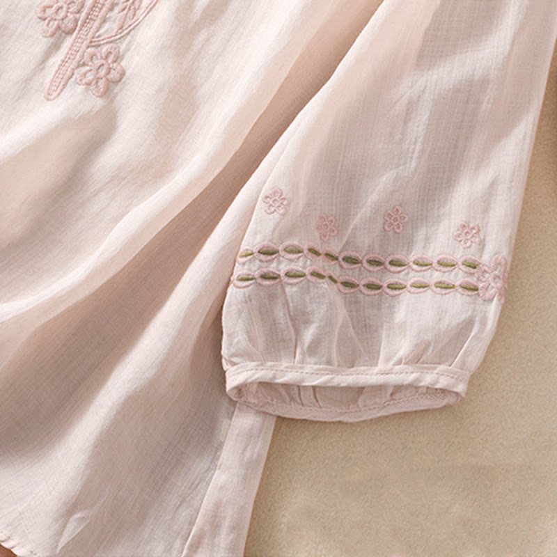 Camicia in cotone e lino a maniche corte con scollo a giro e design cavo da donna Buddha Stones - image 4