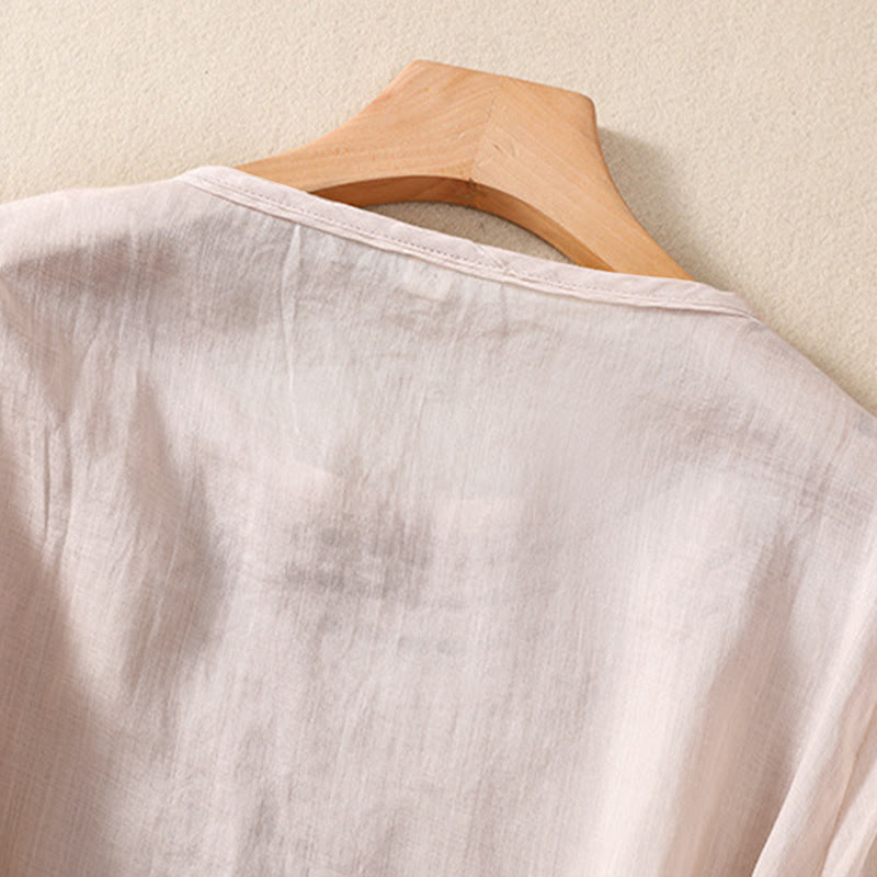 Camicia in cotone e lino a maniche corte con scollo a giro e design cavo da donna Buddha Stones - image 5