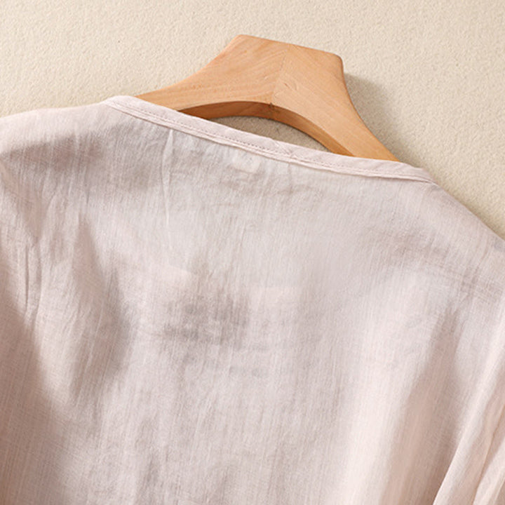 Camicia in cotone e lino a maniche corte con scollo a giro e design cavo da donna Buddha Stones - image 5