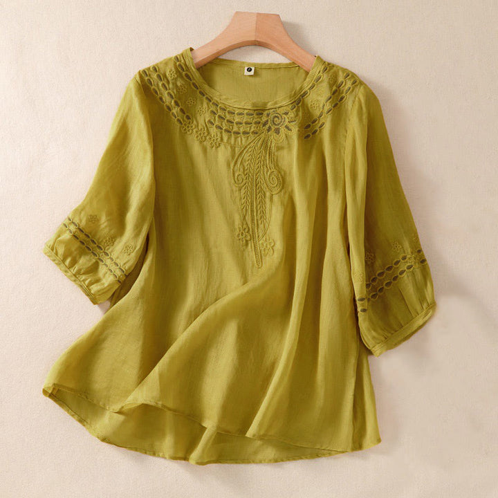 Camicia in cotone e lino a maniche corte con scollo a giro e design cavo da donna Buddha Stones - Verga d'oro - US8-10, UK/AU12-14, EU40-42 (2XL) - image 14