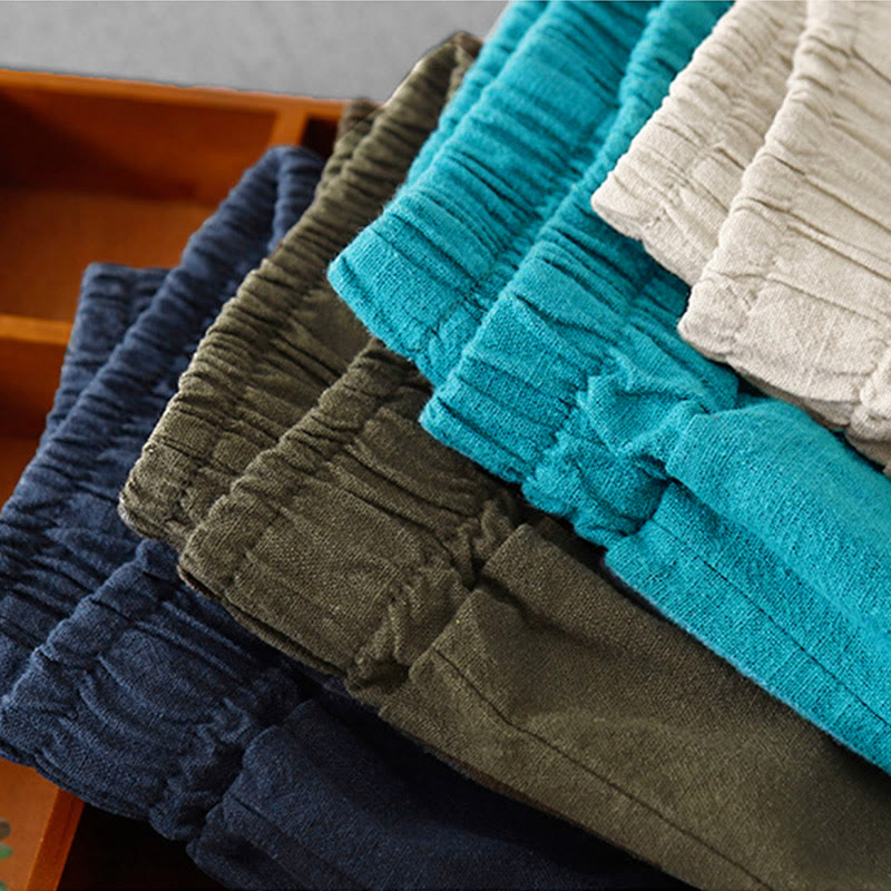 Pantaloni harem in lino e cotone casual tinta unita Buddha Stones da donna, lunghezza 7-8, con tasche - image 34