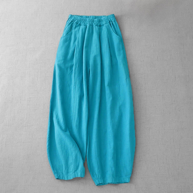 Pantaloni harem in lino e cotone casual tinta unita Buddha Stones da donna, lunghezza 7-8, con tasche
