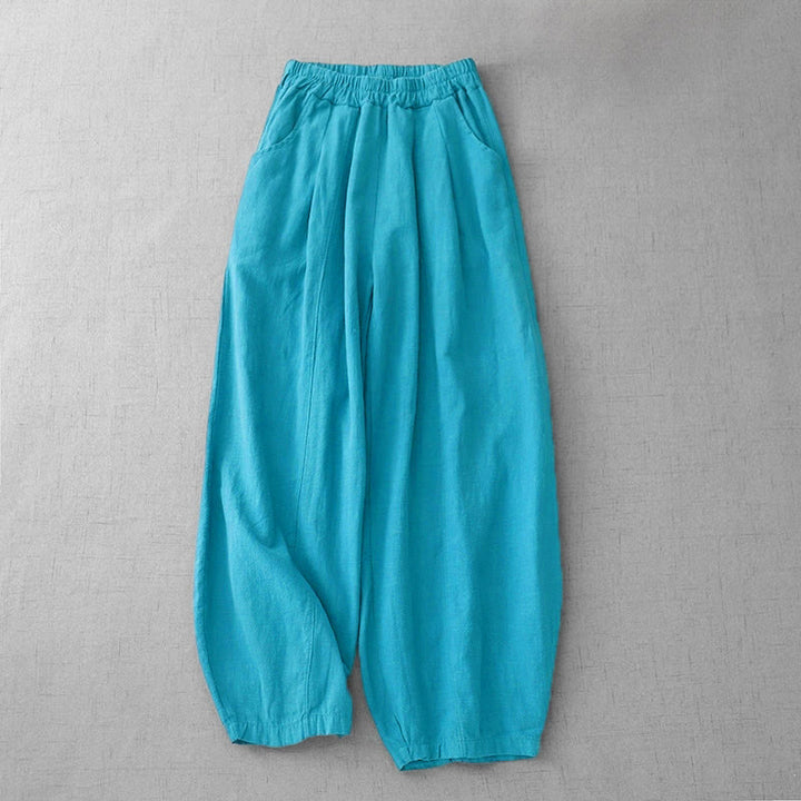Pantaloni harem in lino e cotone casual tinta unita Buddha Stones da donna, lunghezza 7-8, con tasche