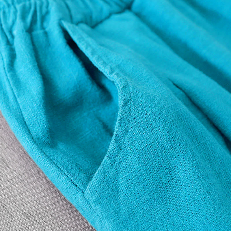 Pantaloni harem in lino e cotone casual tinta unita Buddha Stones da donna, lunghezza 7-8, con tasche - image 17