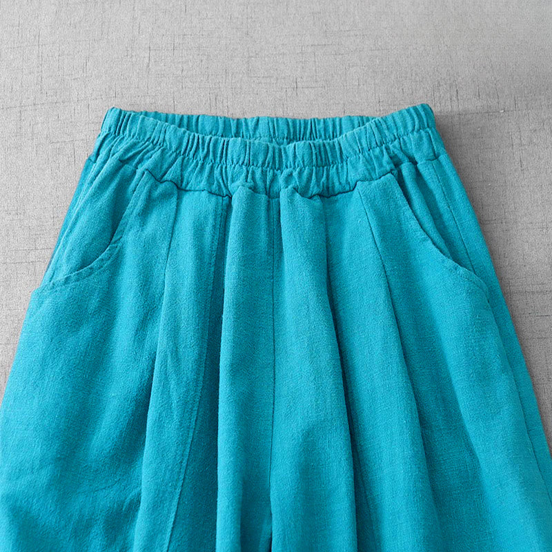 Pantaloni harem in lino e cotone casual tinta unita Buddha Stones da donna, lunghezza 7-8, con tasche
