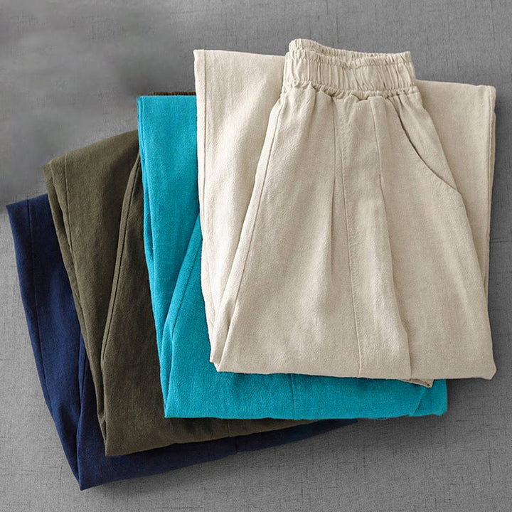 Pantaloni harem in lino e cotone casual tinta unita Buddha Stones da donna, lunghezza 7-8, con tasche