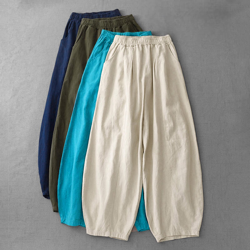 Pantaloni harem in lino e cotone casual tinta unita Buddha Stones da donna, lunghezza 7-8, con tasche