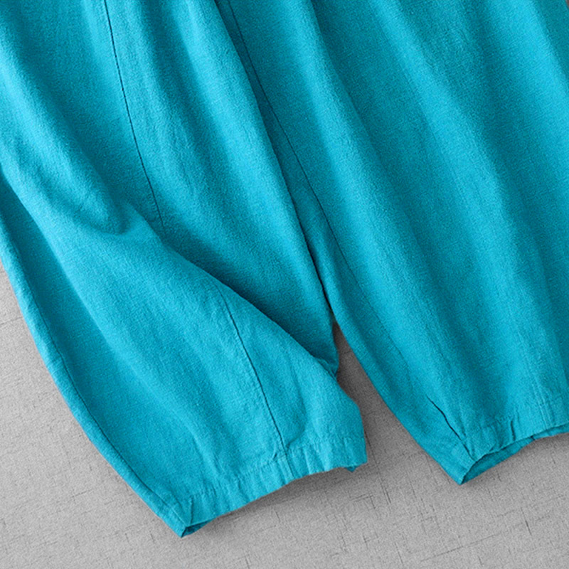 Pantaloni harem in lino e cotone casual tinta unita Buddha Stones da donna, lunghezza 7-8, con tasche - image 15