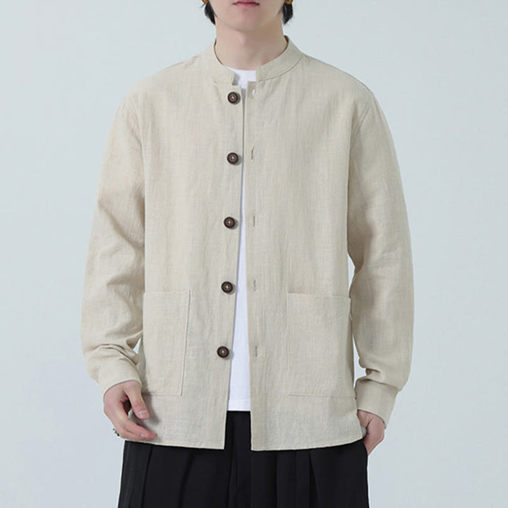 Giacca camicia foderata in pile di cotone e lino ramiè con bottoni da uomo Buddha Stones con tasche - image 10