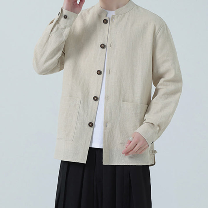 Giacca camicia foderata in pile di cotone e lino ramiè con bottoni da uomo Buddha Stones con tasche - image 9