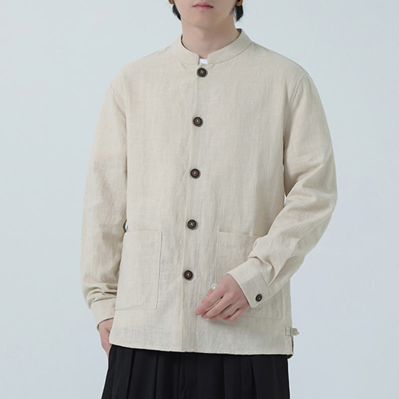 Giacca camicia foderata in pile di cotone e lino ramiè con bottoni da uomo Buddha Stones con tasche - image 2