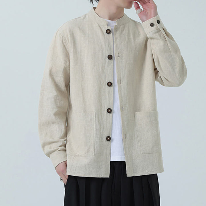 Giacca camicia foderata in pile di cotone e lino ramiè con bottoni da uomo Buddha Stones con tasche - image 12