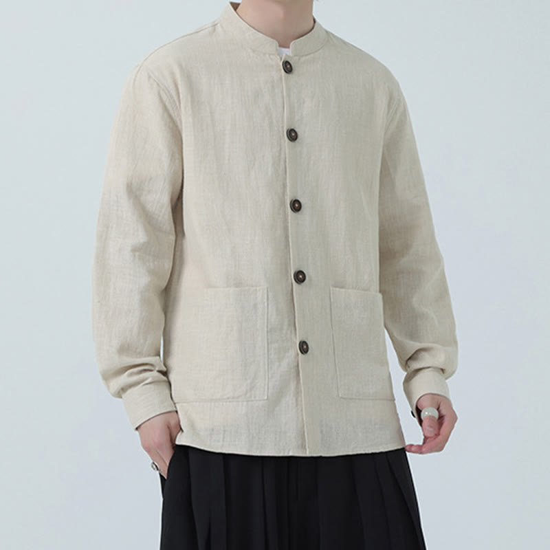 Giacca camicia foderata in pile di cotone e lino ramiè con bottoni da uomo Buddha Stones con tasche - image 11