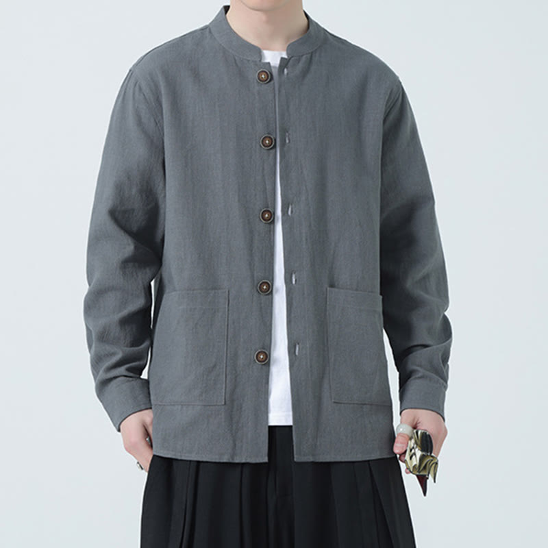 Giacca camicia foderata in pile di cotone e lino ramiè con bottoni da uomo Buddha Stones con tasche - image 15