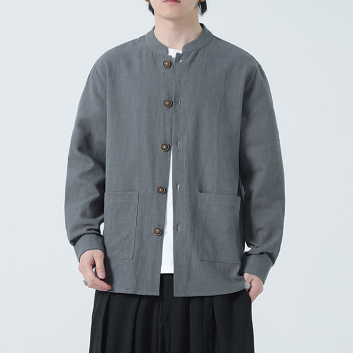 Giacca camicia foderata in pile di cotone e lino ramiè con bottoni da uomo Buddha Stones con tasche - image 0