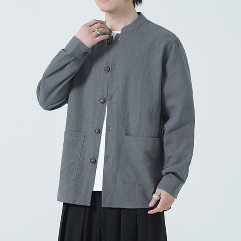 Giacca camicia foderata in pile di cotone e lino ramiè con bottoni da uomo Buddha Stones con tasche - image 1