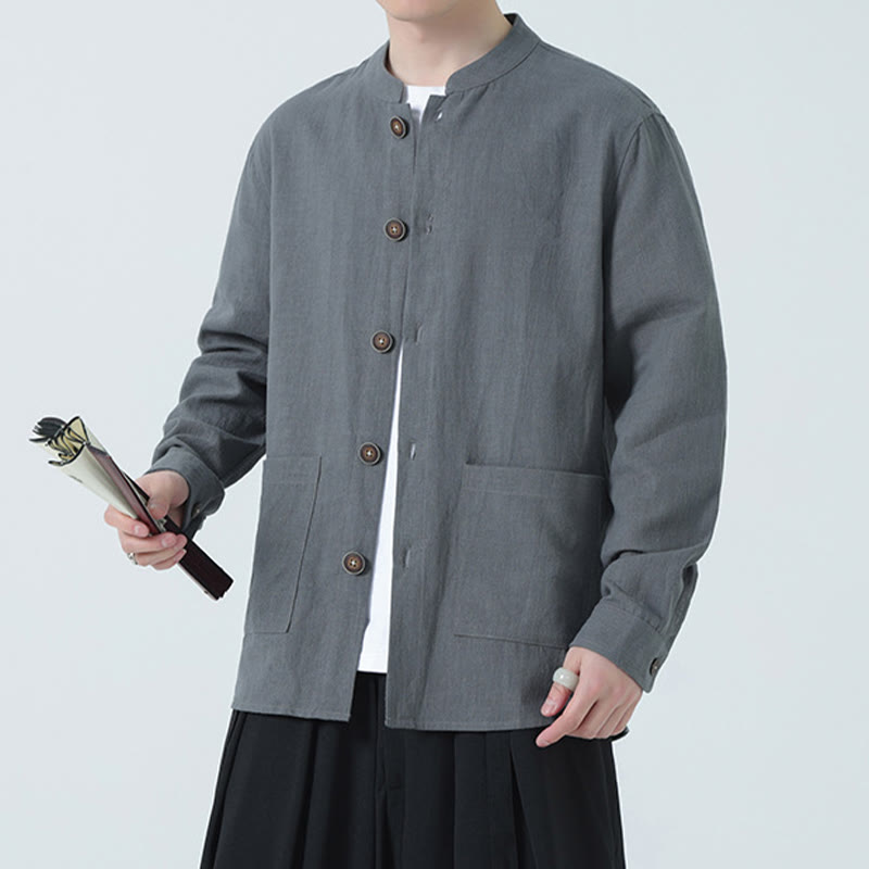 Giacca camicia foderata in pile di cotone e lino ramiè con bottoni da uomo Buddha Stones con tasche - image 17