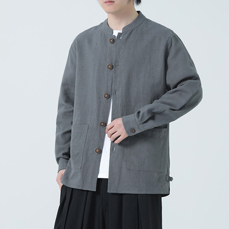 Giacca camicia foderata in pile di cotone e lino ramiè con bottoni da uomo Buddha Stones con tasche - image 16