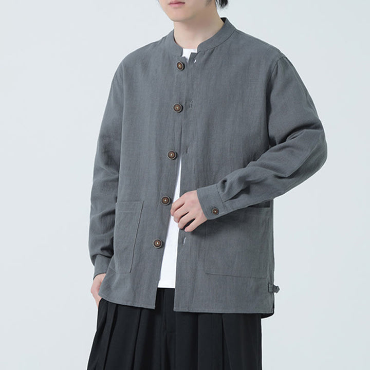 Giacca camicia foderata in pile di cotone e lino ramiè con bottoni da uomo Buddha Stones con tasche - image 16