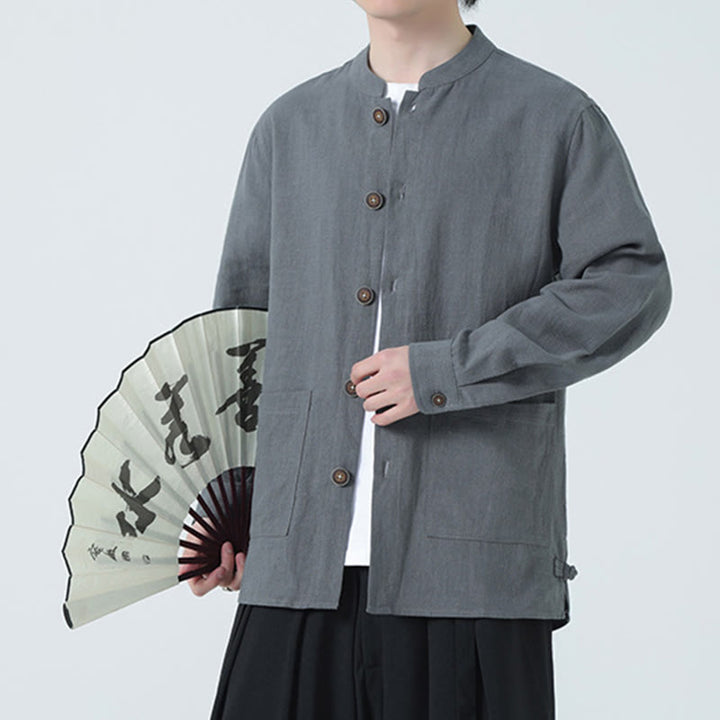 Giacca camicia foderata in pile di cotone e lino ramiè con bottoni da uomo Buddha Stones con tasche - Grigio - US/UK/AU46, EU56 (5XL) - image 13