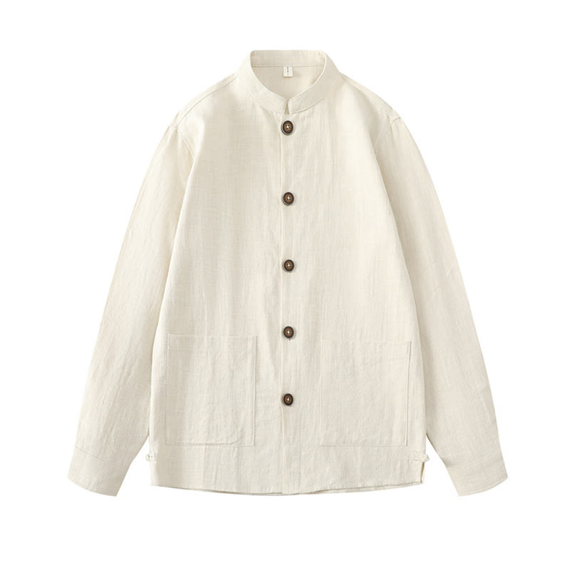 Giacca camicia foderata in pile di cotone e lino ramiè con bottoni da uomo Buddha Stones con tasche - image 3