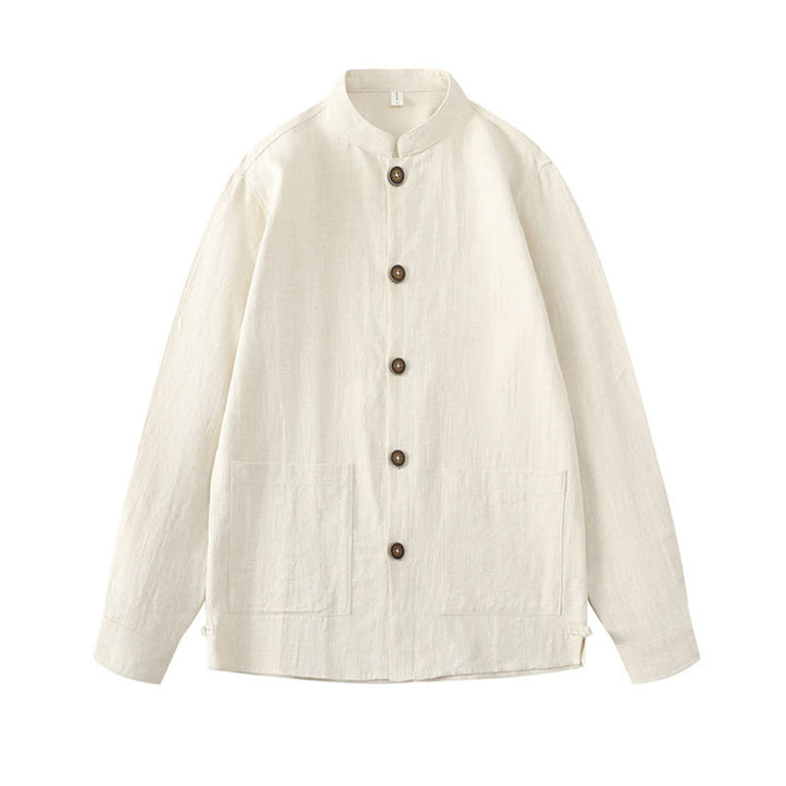 Giacca camicia foderata in pile di cotone e lino ramiè con bottoni da uomo Buddha Stones con tasche - image 3