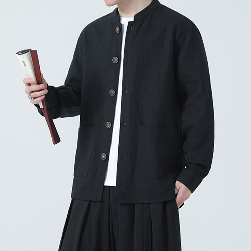 Giacca camicia foderata in pile di cotone e lino ramiè con bottoni da uomo Buddha Stones con tasche - image 20