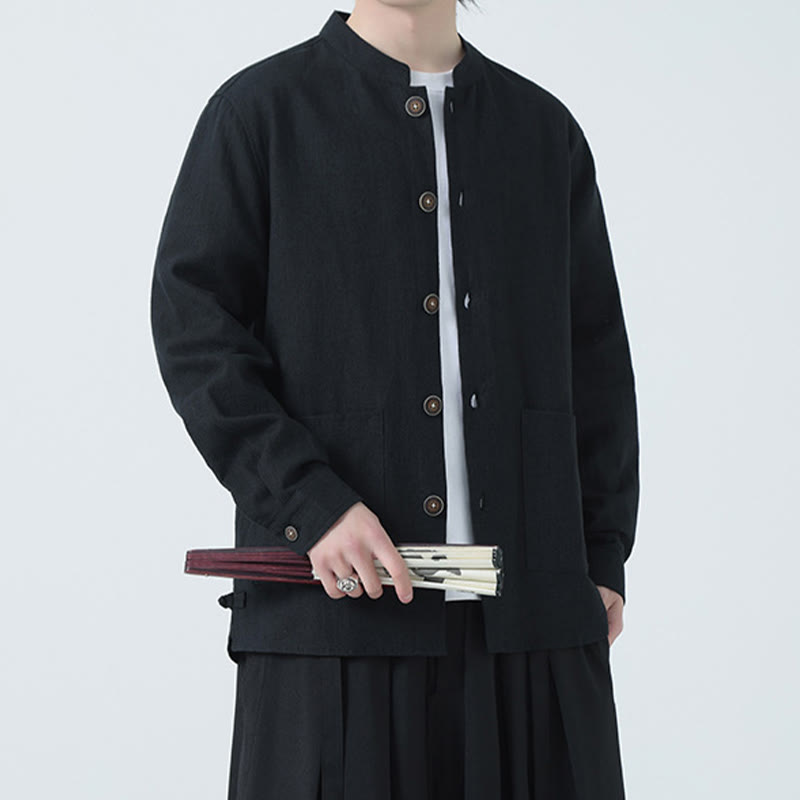 Giacca camicia foderata in pile di cotone e lino ramiè con bottoni da uomo Buddha Stones con tasche - image 24