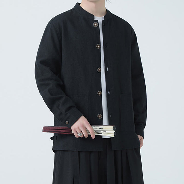 Giacca camicia foderata in pile di cotone e lino ramiè con bottoni da uomo Buddha Stones con tasche - image 24