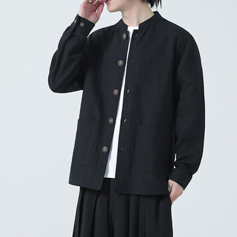 Giacca camicia foderata in pile di cotone e lino ramiè con bottoni da uomo Buddha Stones con tasche - image 21