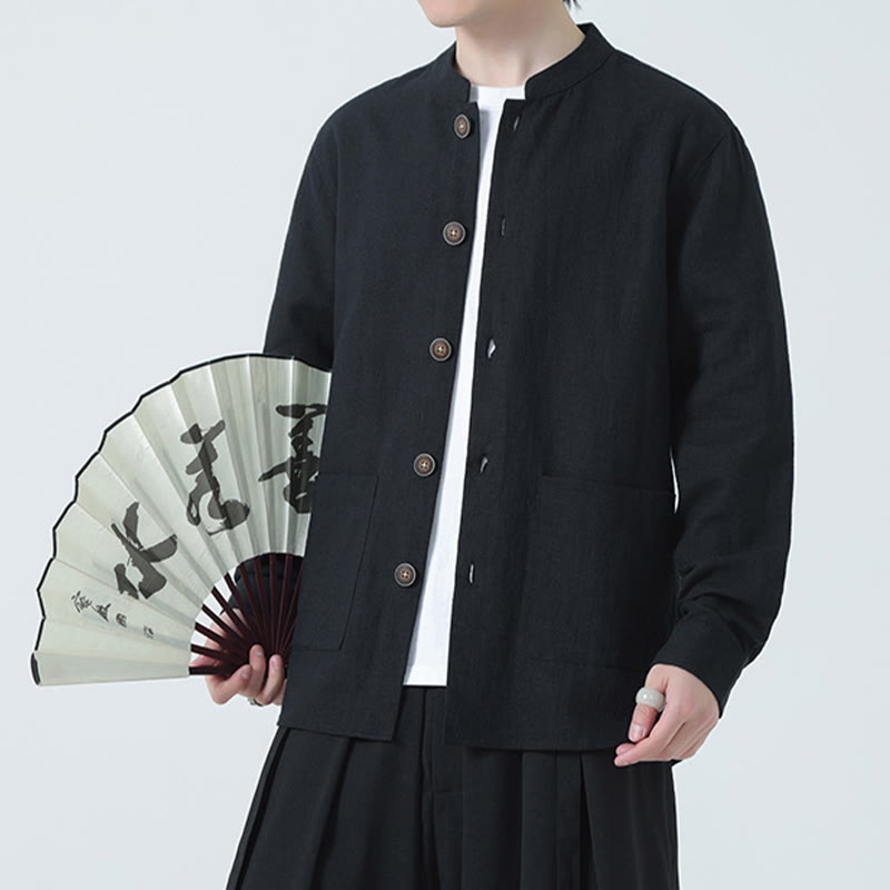 Giacca camicia foderata in pile di cotone e lino ramiè con bottoni da uomo Buddha Stones con tasche - Nero - US/UK/AU46, EU56 (5XL) - image 19