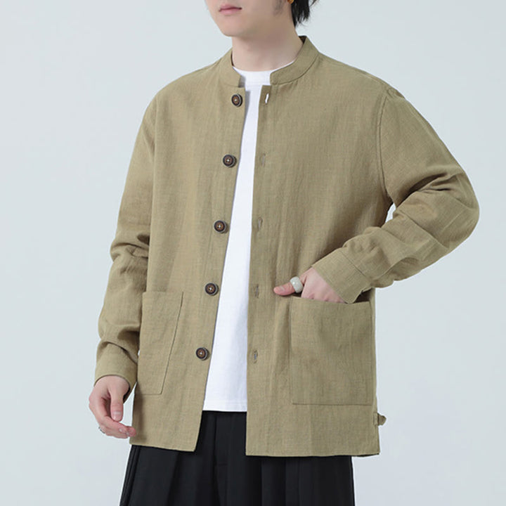 Giacca camicia foderata in pile di cotone e lino ramiè con bottoni da uomo Buddha Stones con tasche - image 32