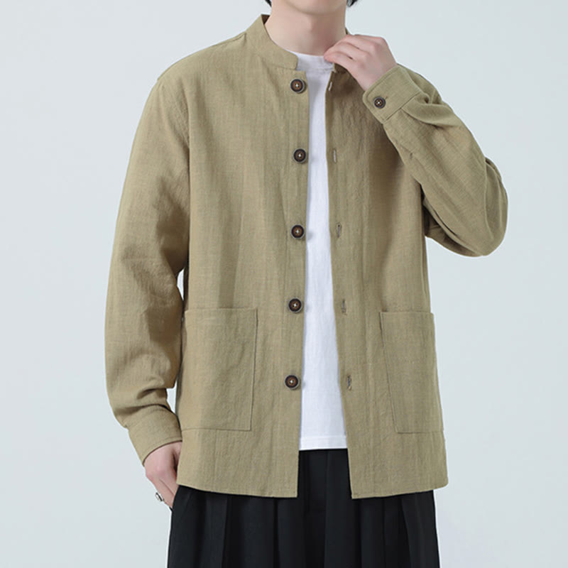 Giacca camicia foderata in pile di cotone e lino ramiè con bottoni da uomo Buddha Stones con tasche - image 27