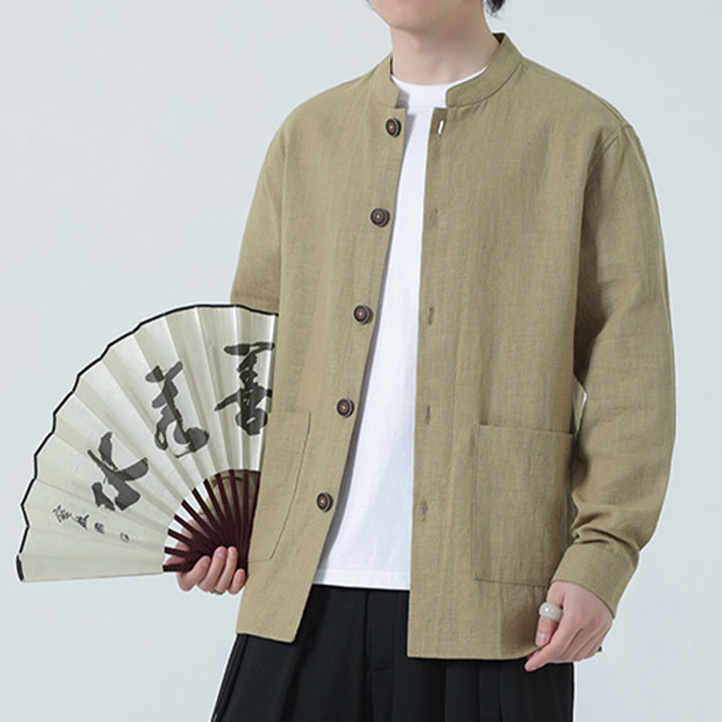 Giacca camicia foderata in pile di cotone e lino ramiè con bottoni da uomo Buddha Stones con tasche - PaleGoldenrod - US/UK/AU46, EU56 (5XL) - image 26