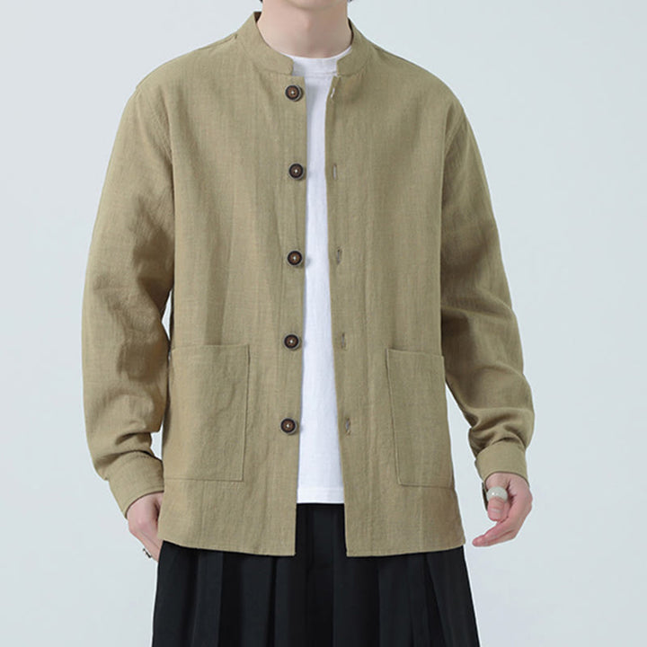 Giacca camicia foderata in pile di cotone e lino ramiè con bottoni da uomo Buddha Stones con tasche - image 31