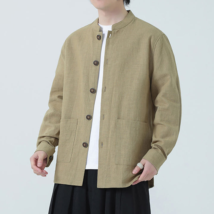 Giacca camicia foderata in pile di cotone e lino ramiè con bottoni da uomo Buddha Stones con tasche - image 30