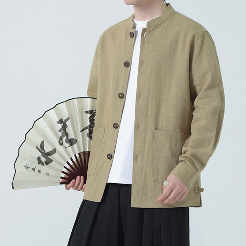 Giacca camicia foderata in pile di cotone e lino ramiè con bottoni da uomo Buddha Stones con tasche - image 29