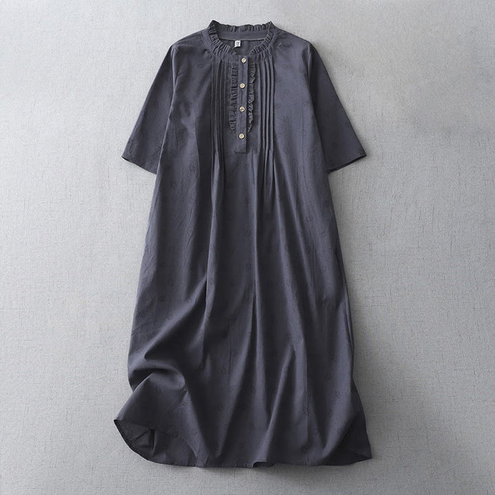 Abito midi in lino e cotone, a maniche corte, con tasche, stile casual retrò, tinta unita, con bottoni e volant, scollo rotondo , Buddha Stones