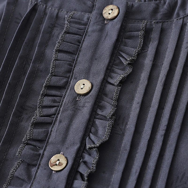 Abito midi in lino e cotone, a maniche corte, con tasche, stile casual retrò, tinta unita, con bottoni e volant, scollo rotondo , Buddha Stones - image 3