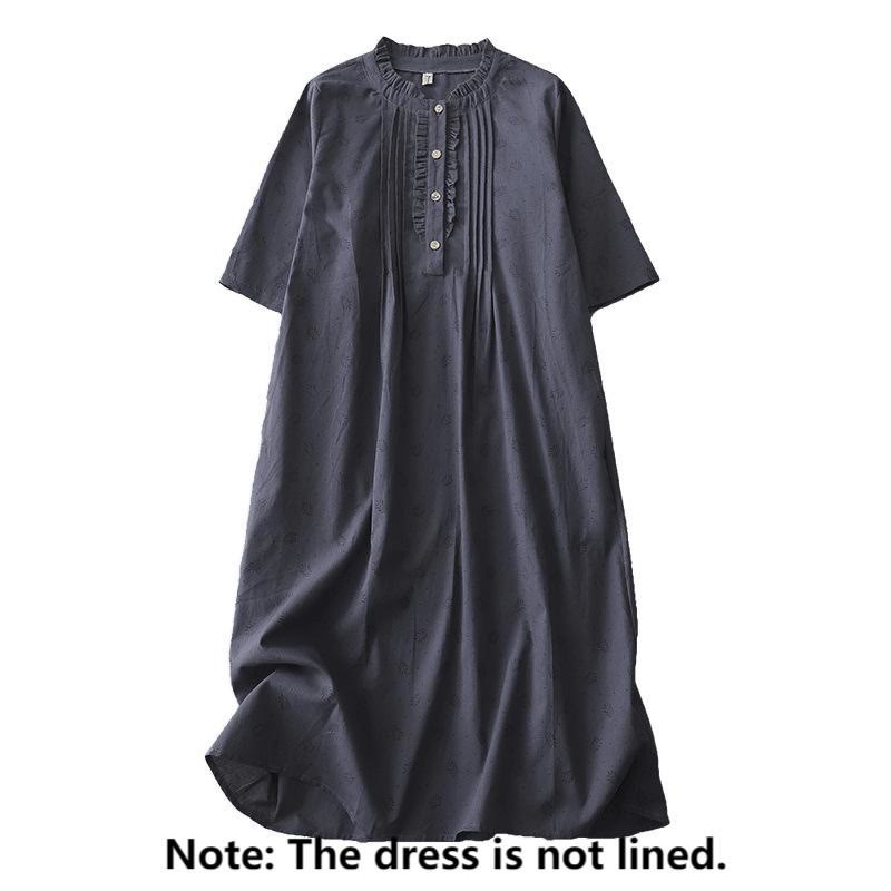 Abito midi in lino e cotone, a maniche corte, con tasche, stile casual retrò, tinta unita, con bottoni e volant, scollo rotondo , Buddha Stones