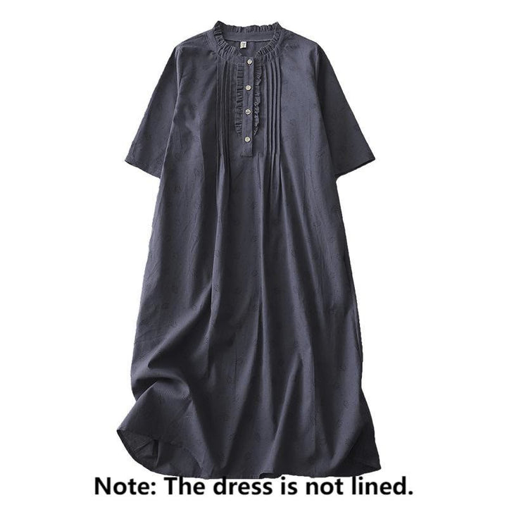 Abito midi in lino e cotone, a maniche corte, con tasche, stile casual retrò, tinta unita, con bottoni e volant, scollo rotondo , Buddha Stones