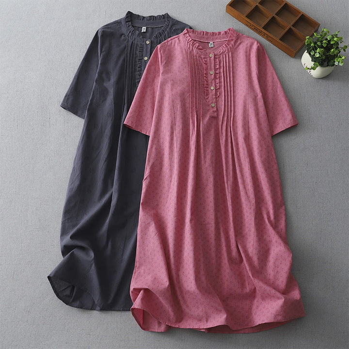 Abito midi in lino e cotone, a maniche corte, con tasche, stile casual retrò, tinta unita, con bottoni e volant, scollo rotondo , Buddha Stones