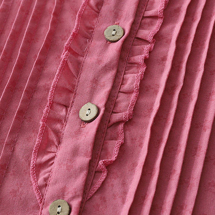 Abito midi in lino e cotone, a maniche corte, con tasche, stile casual retrò, tinta unita, con bottoni e volant, scollo rotondo , Buddha Stones