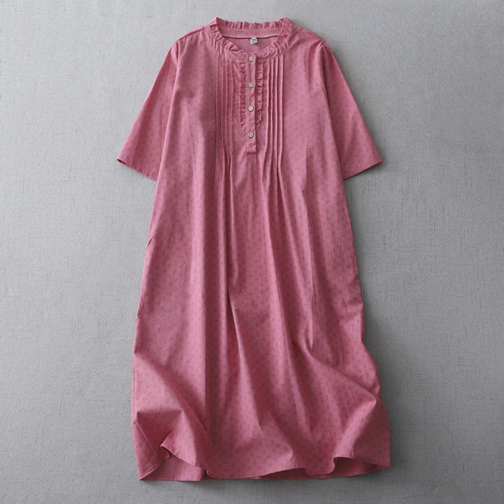 Abito midi in lino e cotone, a maniche corte, con tasche, stile casual retrò, tinta unita, con bottoni e volant, scollo rotondo , Buddha Stones