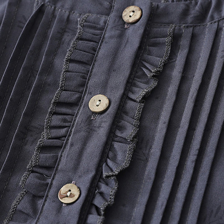Abito midi in lino e cotone, a maniche corte, con tasche, stile casual retrò, tinta unita, con bottoni e volant, scollo rotondo , Buddha Stones