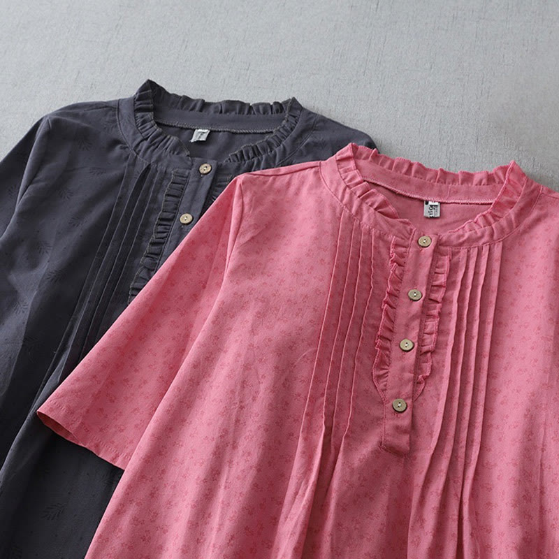 Abito midi in lino e cotone, a maniche corte, con tasche, stile casual retrò, tinta unita, con bottoni e volant, scollo rotondo , Buddha Stones