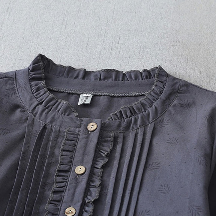 Abito midi in lino e cotone, a maniche corte, con tasche, stile casual retrò, tinta unita, con bottoni e volant, scollo rotondo , Buddha Stones - image 2