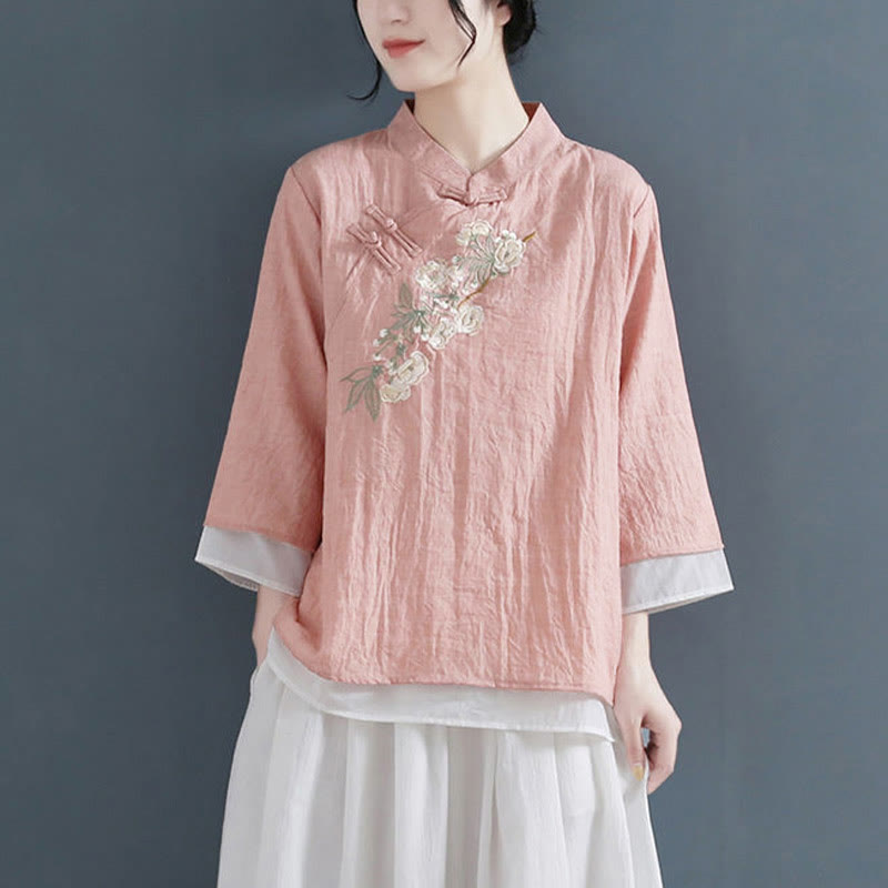 Camicia da donna in cotone e lino con collo alla coreana, maniche a tre quarti, ricamo a fiori con Buddha Stones e bottoni a rana - Corallo chiaro - US12, UK/AU16, EU44 (3XL) - image 0