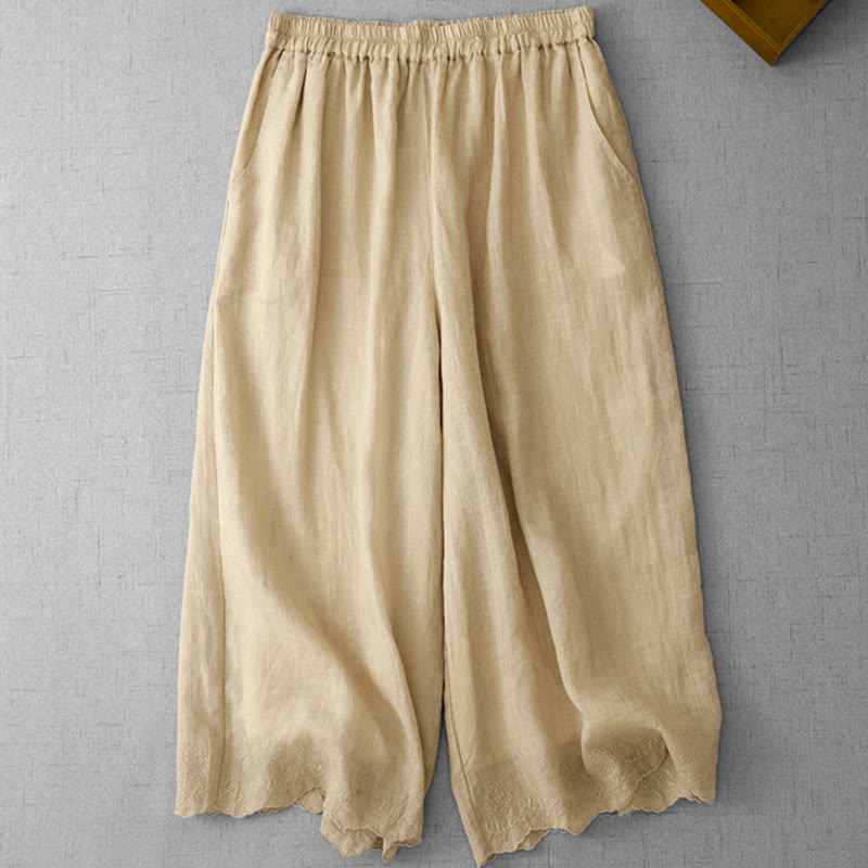 Pantaloni a gamba larga da donna in cotone con tasche, modello Buddha Stones Commute, tinta unita, con ricamo in pizzo