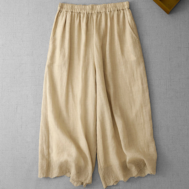 Pantaloni a gamba larga da donna in cotone con tasche, modello Buddha Stones Commute, tinta unita, con ricamo in pizzo